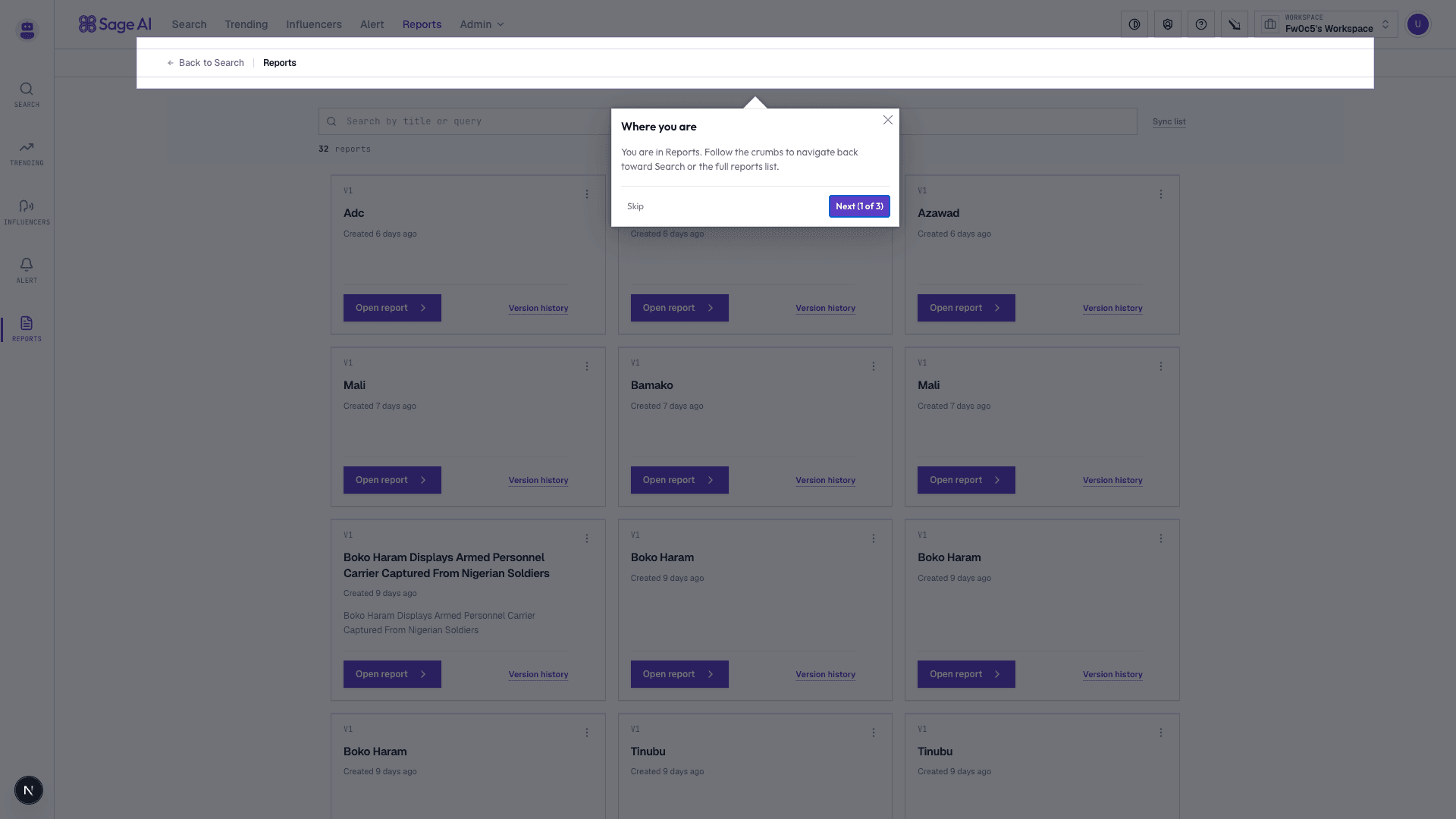 SageAI SOCMINT report interface